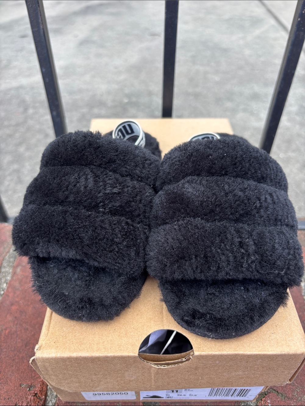 UGG Black Fuzzy Kids Slide Sandals